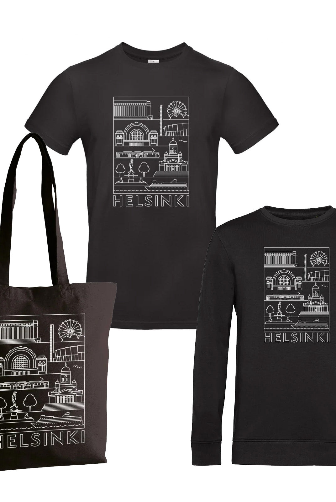 Helsinki -nähtävyydet tuotepaketti (kassi, t-paita ja college)