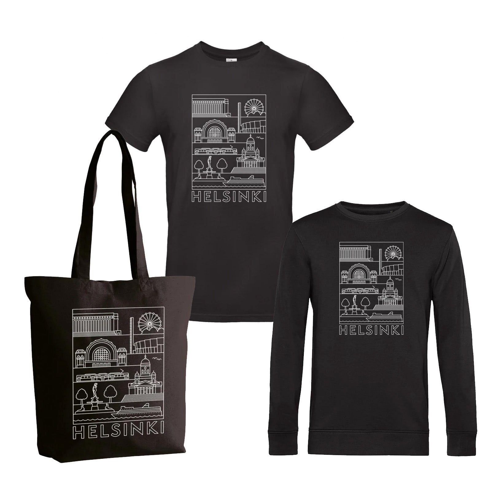 Helsinki -nähtävyydet tuotepaketti (kassi, t-paita ja college)