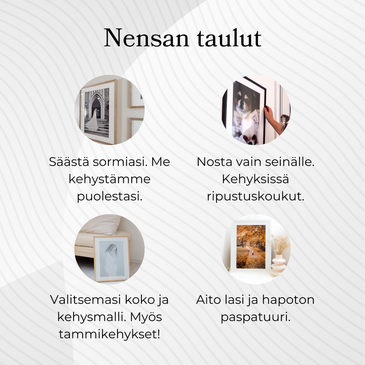 Nensan taulut: kehystämme puolestasi, kehyksissä on ripustuskoukut, valitset koon ja kehysmallin, aito lasi ja hapoton paspatuuri