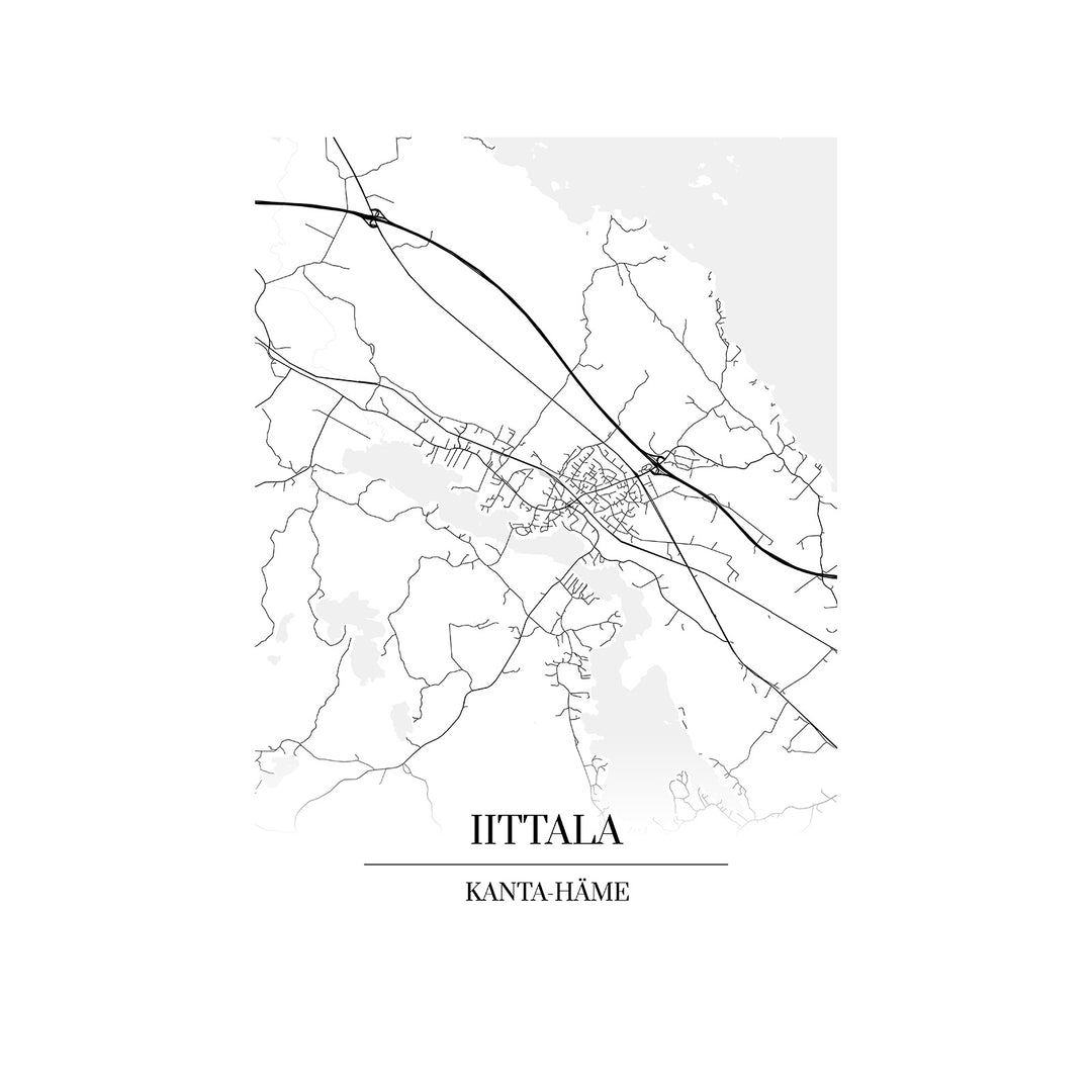 Iittala-karttataulu: mustavalkoinen katukartta kaupungin katuverkosta
