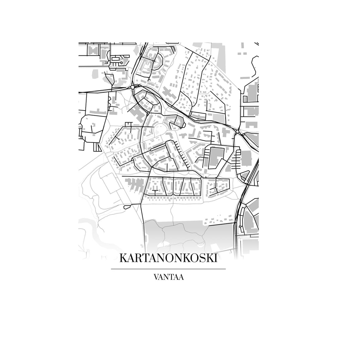 Kartanonkoski-karttataulu: mustavalkoinen katukartta kaupungin katuverkosta