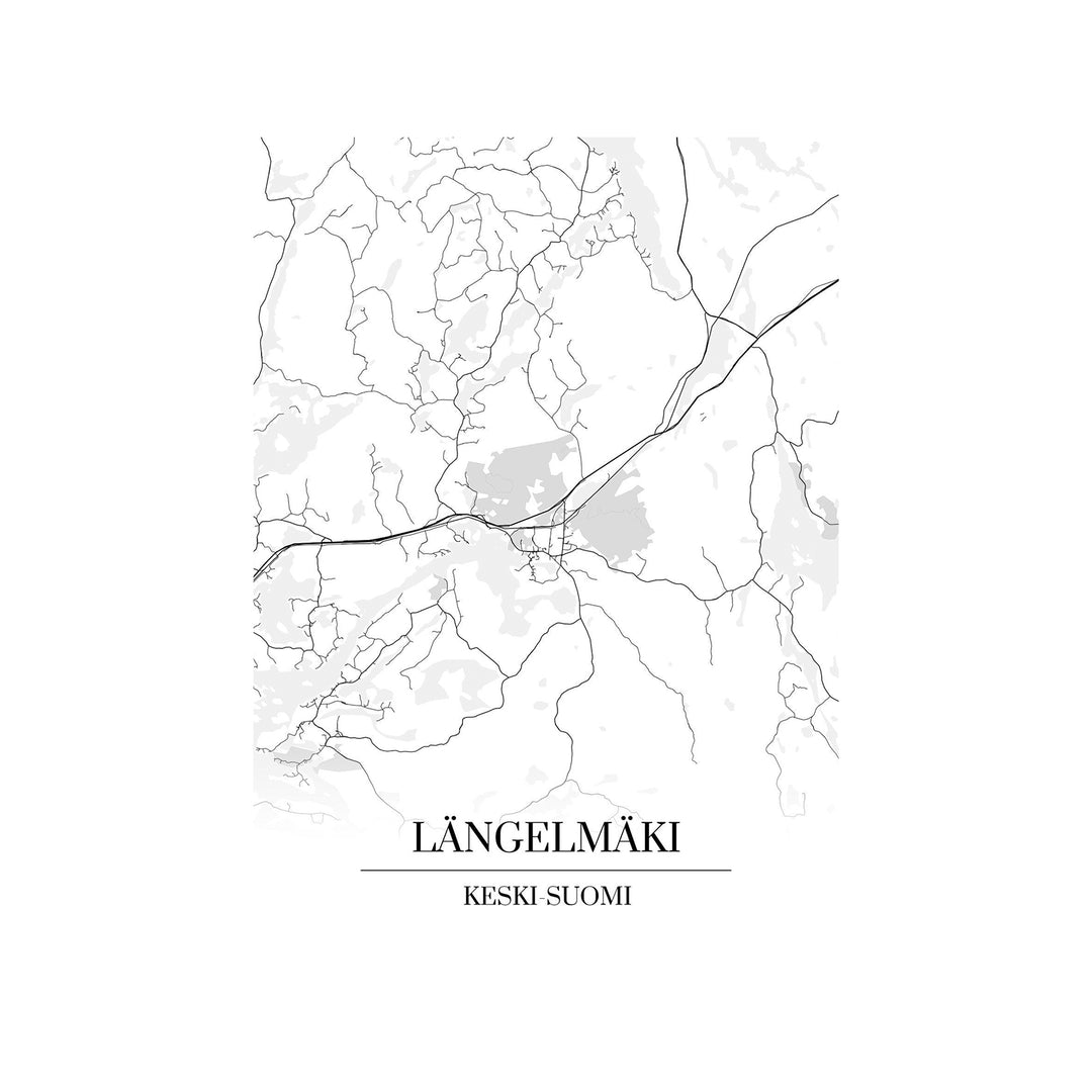 Längelmäki-karttataulu: mustavalkoinen katukartta kaupungin katuverkosta