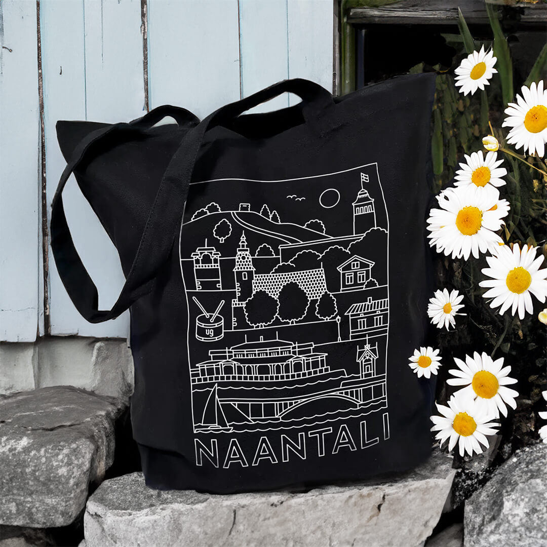 Naantali -nähtävyydet kangaskassi ulkona