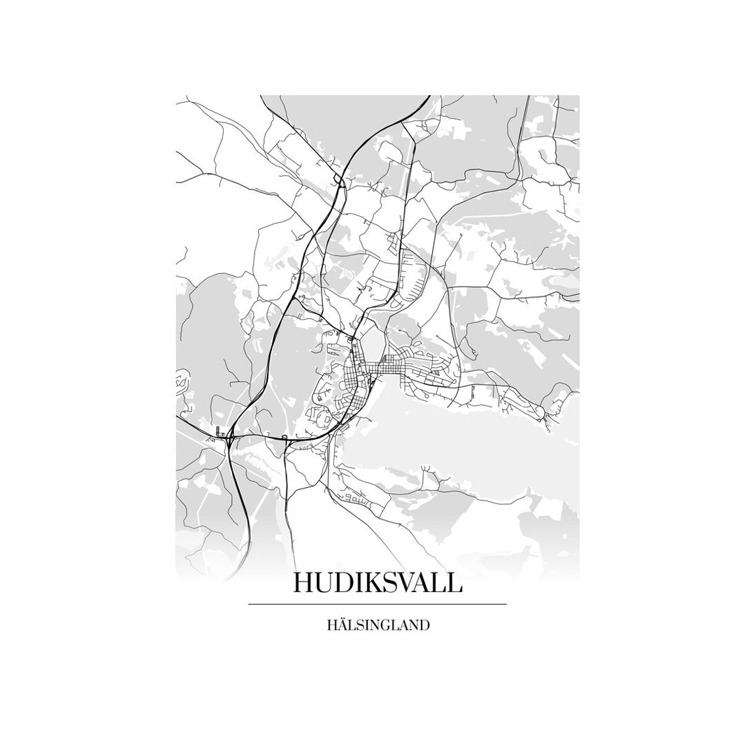 Hudiksvall-karttataulu: mustavalkoinen katukartta kaupungin katuverkosta