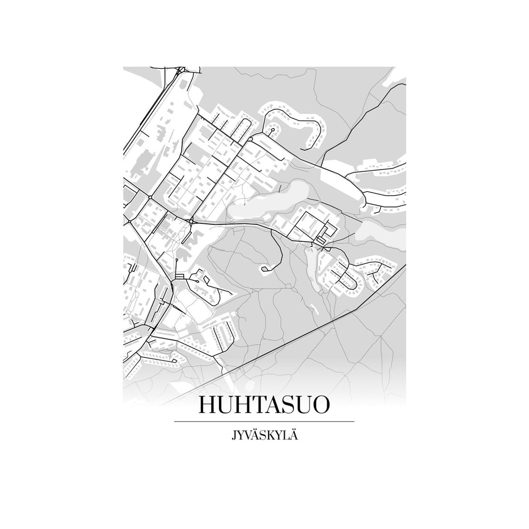 Huhtasuo-karttataulu: mustavalkoinen katukartta kaupungin katuverkosta
