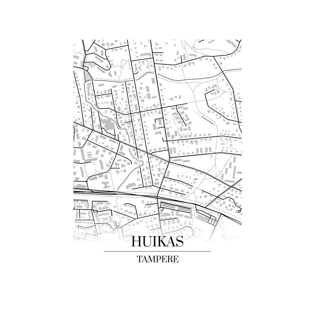 Huikas-karttataulu: mustavalkoinen katukartta kaupungin katuverkosta