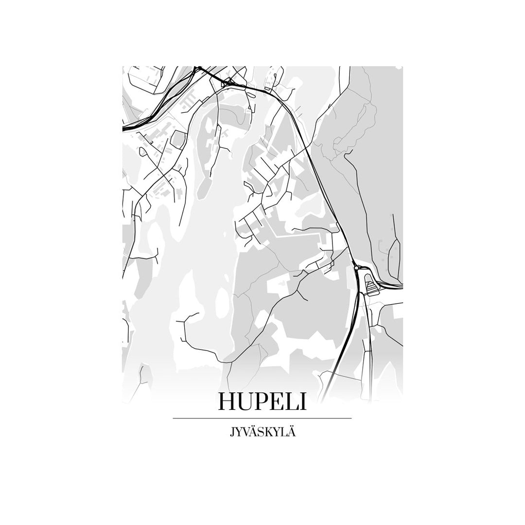 Hupeli-karttataulu: mustavalkoinen katukartta kaupungin katuverkosta