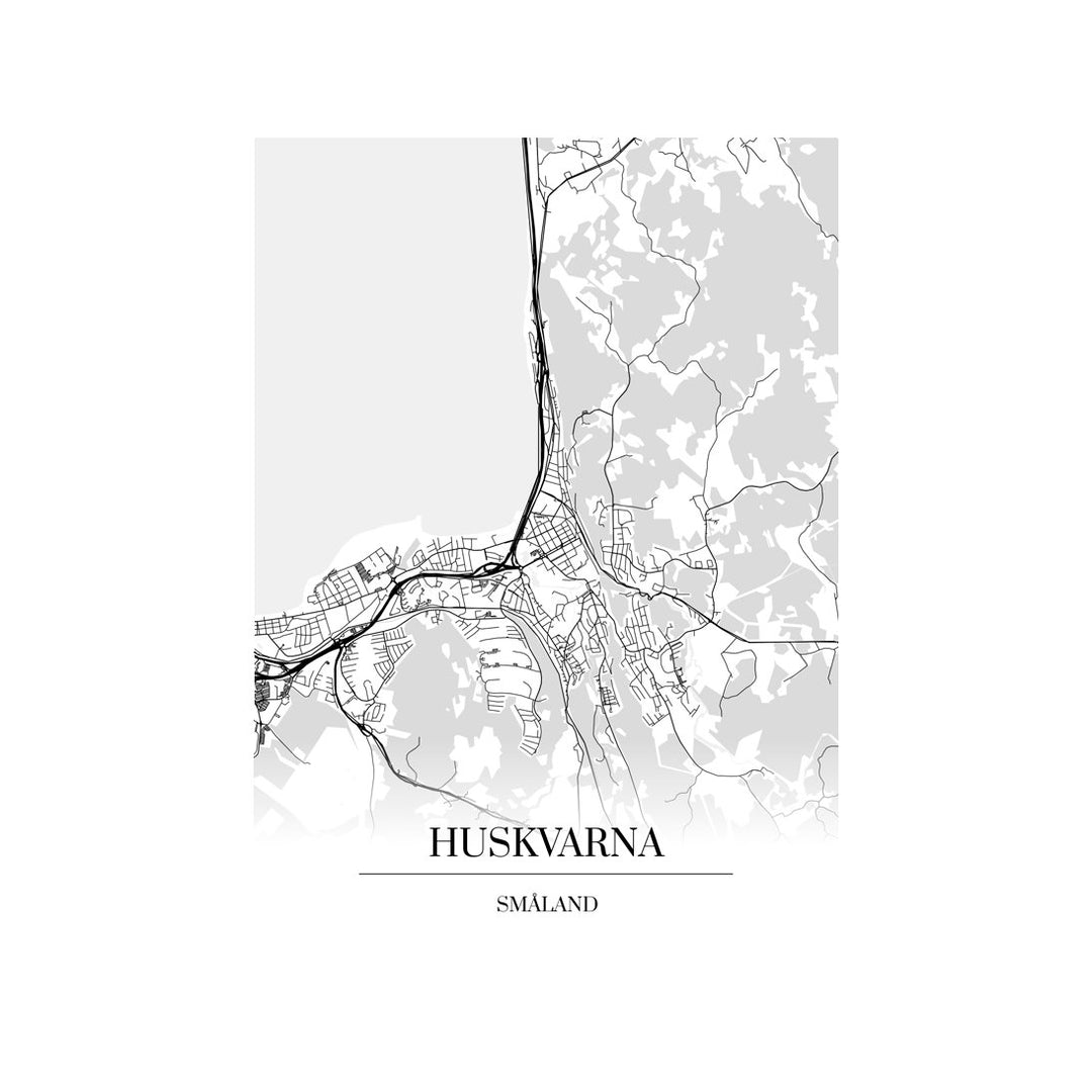 Huskvarna-karttataulu: mustavalkoinen katukartta kaupungin katuverkosta