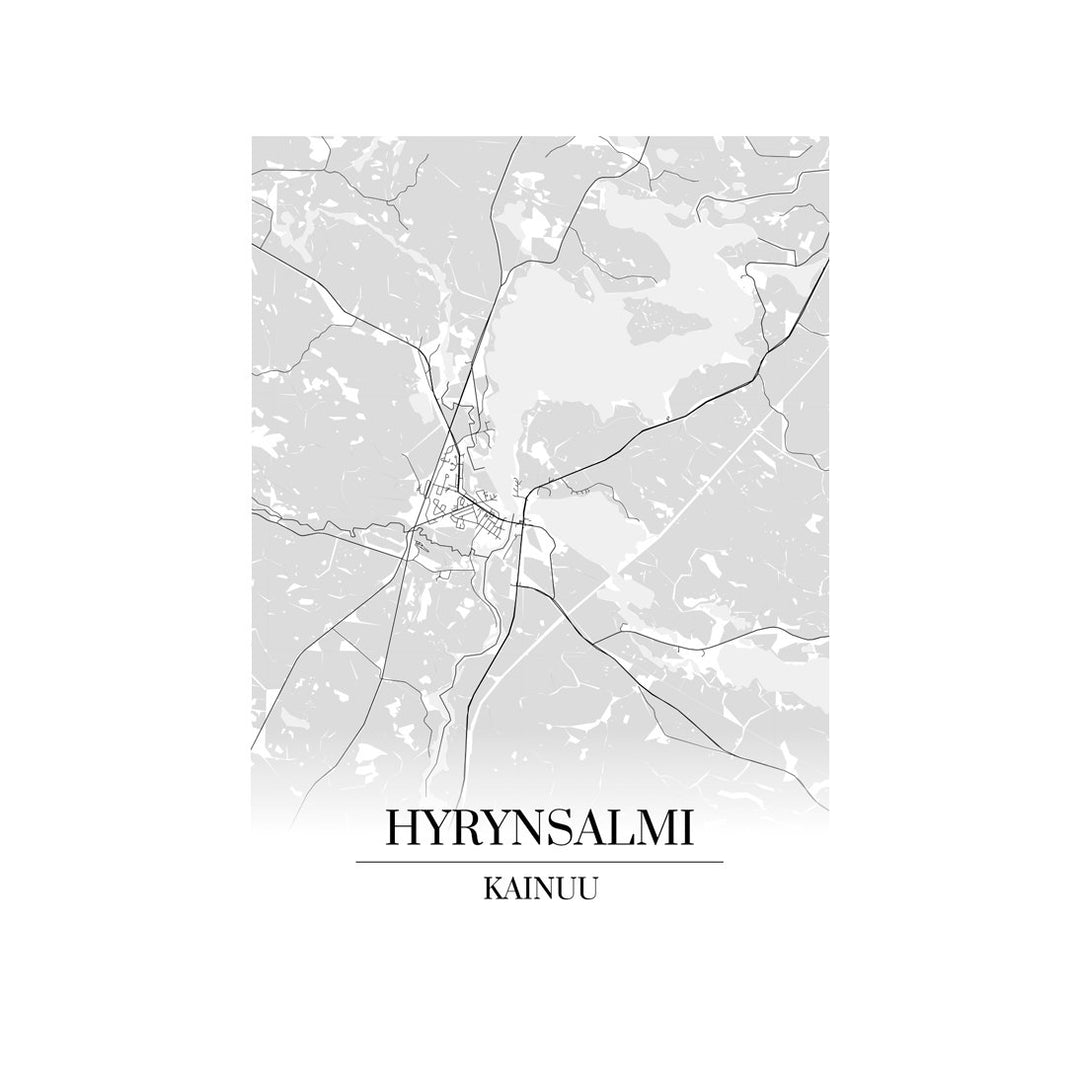 Hyrynsalmi-karttataulu: mustavalkoinen katukartta kaupungin katuverkosta