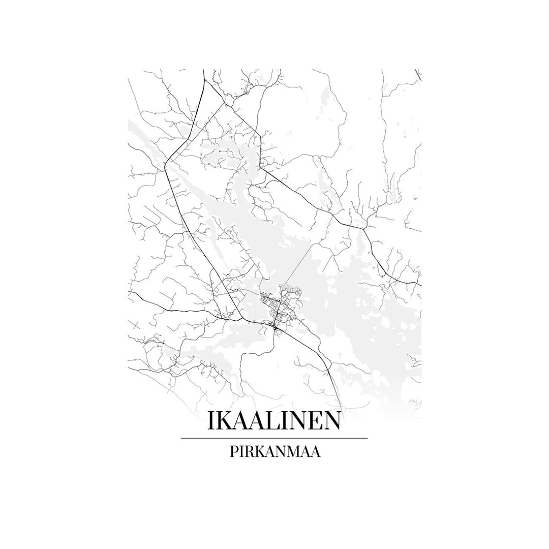 Ikaalinen-karttataulu: mustavalkoinen katukartta kaupungin katuverkosta