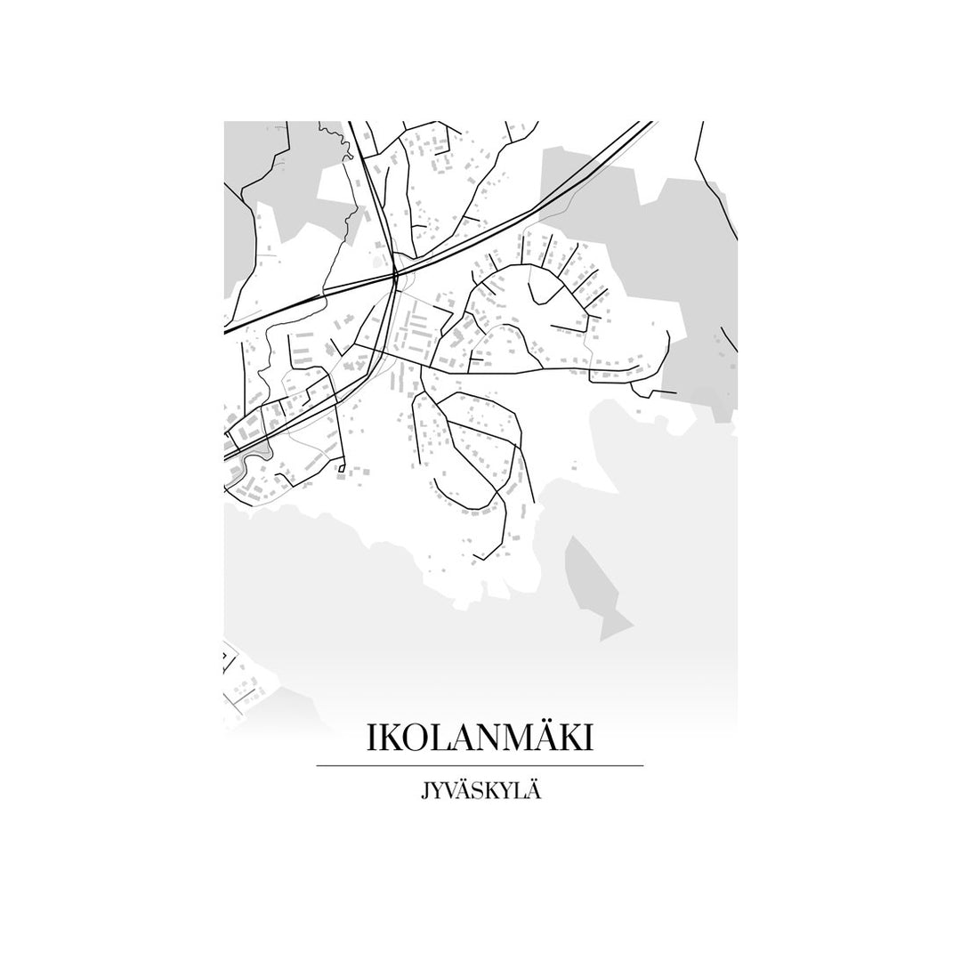 Ikolanmäki-karttataulu: mustavalkoinen katukartta kaupungin katuverkosta