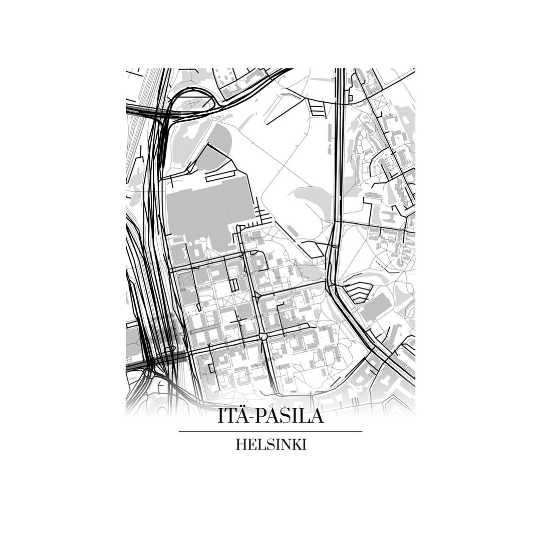 Itä-Pasila-karttataulu: mustavalkoinen katukartta kaupungin katuverkosta