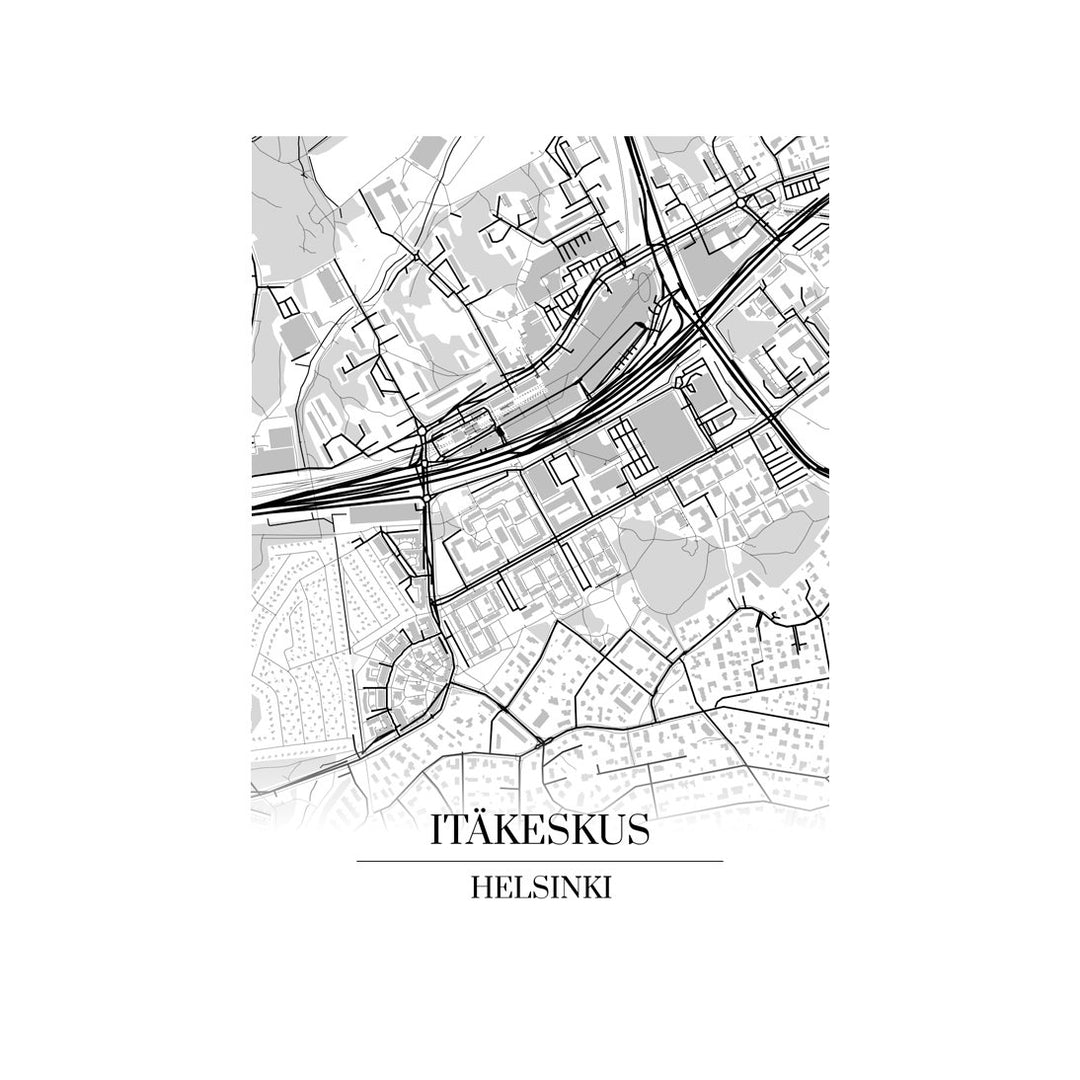 Itäkeskus-karttataulu: mustavalkoinen katukartta kaupungin katuverkosta
