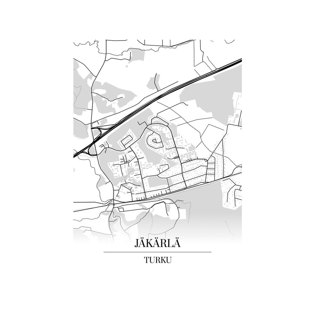 Jäkärlä-karttataulu: mustavalkoinen katukartta kaupungin katuverkosta