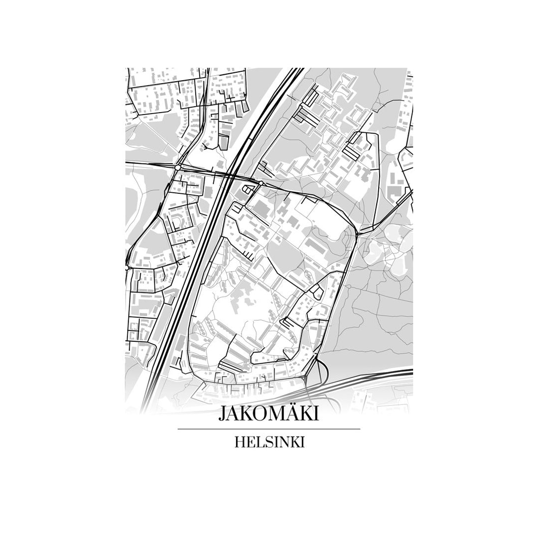 Jakomäki-karttataulu: mustavalkoinen katukartta kaupungin katuverkosta