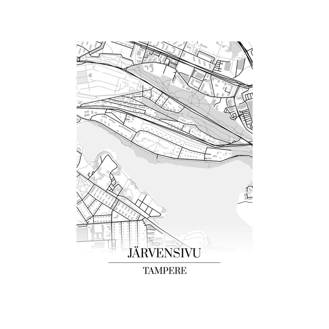 Järvensivu-karttataulu: mustavalkoinen katukartta kaupungin katuverkosta