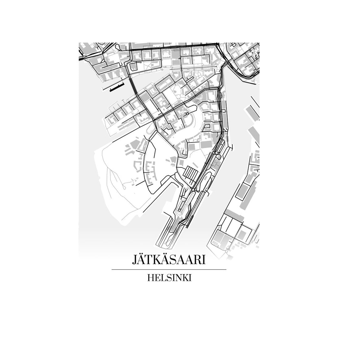 Jätkäsaari-karttataulu: mustavalkoinen katukartta kaupungin katuverkosta