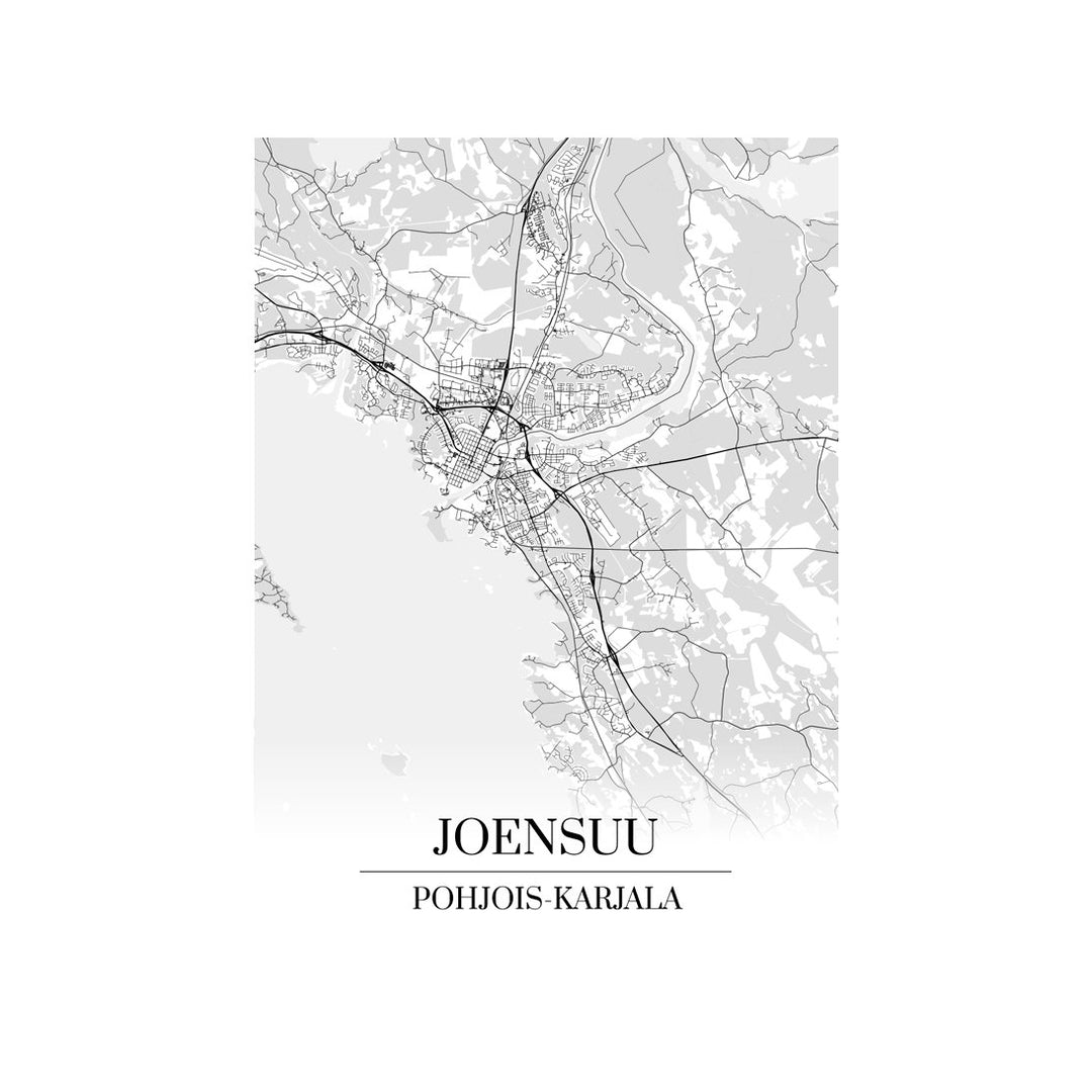 Joensuu-karttataulu: mustavalkoinen katukartta kaupungin katuverkosta