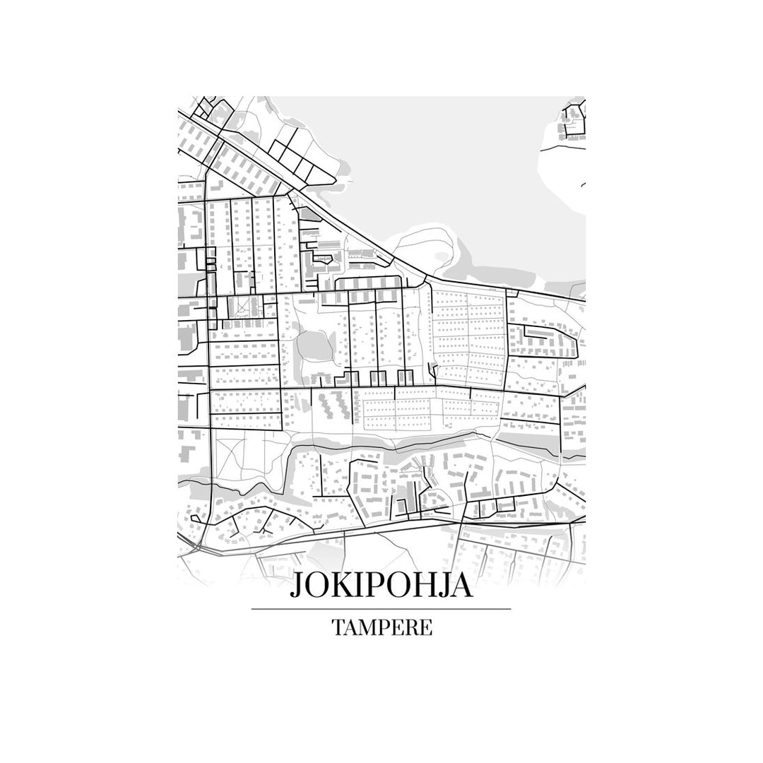 Jokipohja-karttataulu: mustavalkoinen katukartta kaupungin katuverkosta