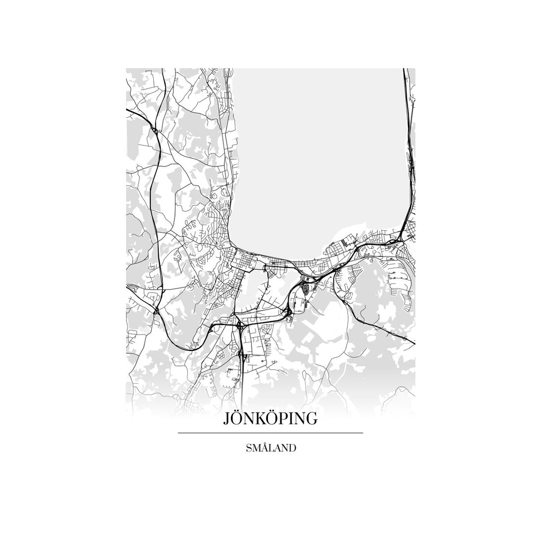 Jönköping-karttataulu: mustavalkoinen katukartta kaupungin katuverkosta