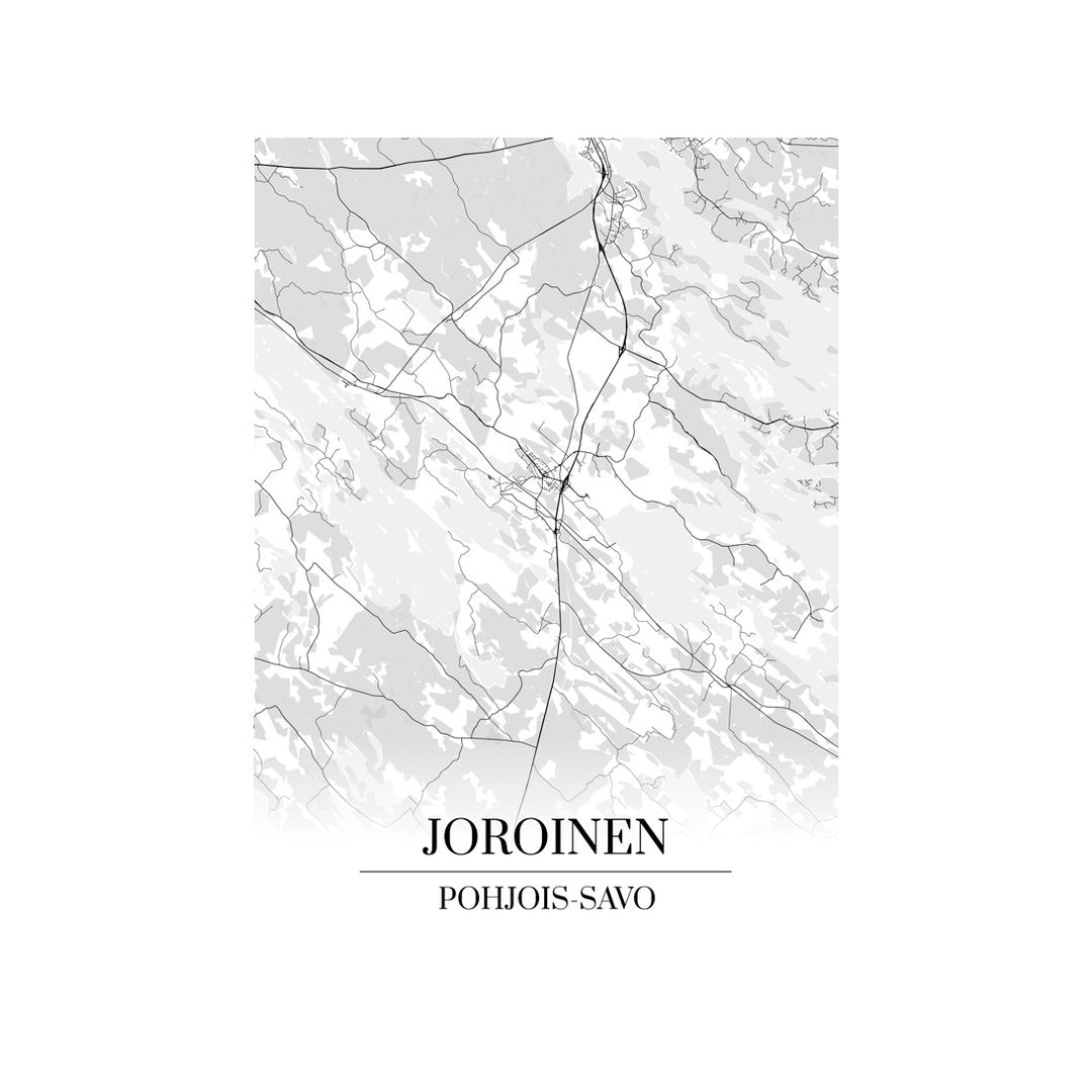 Joroinen-karttataulu: mustavalkoinen katukartta kaupungin katuverkosta