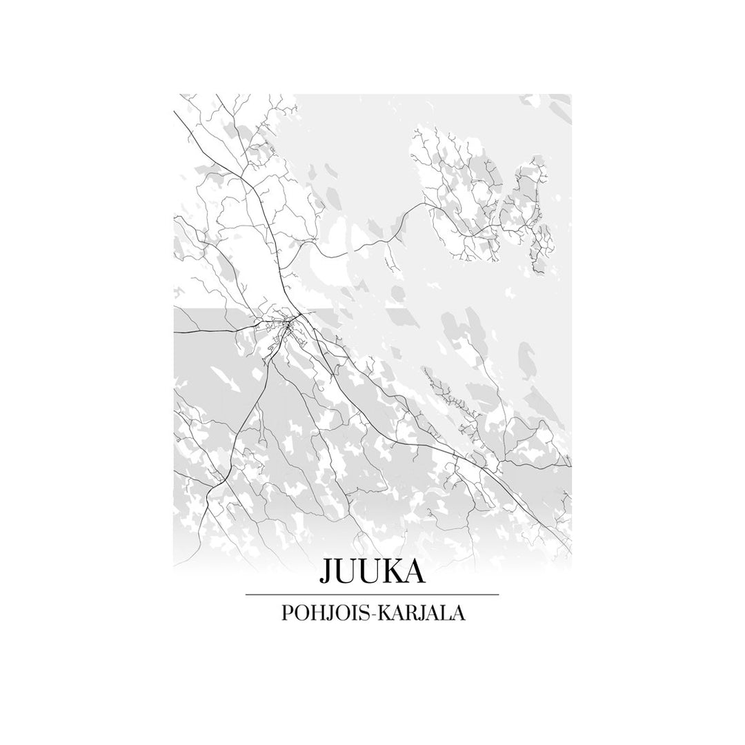 Juuka-karttataulu: mustavalkoinen katukartta kaupungin katuverkosta
