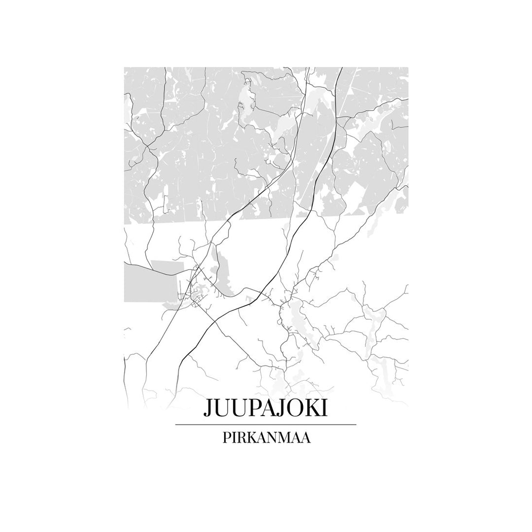 Juupajoki-karttataulu: mustavalkoinen katukartta kaupungin katuverkosta