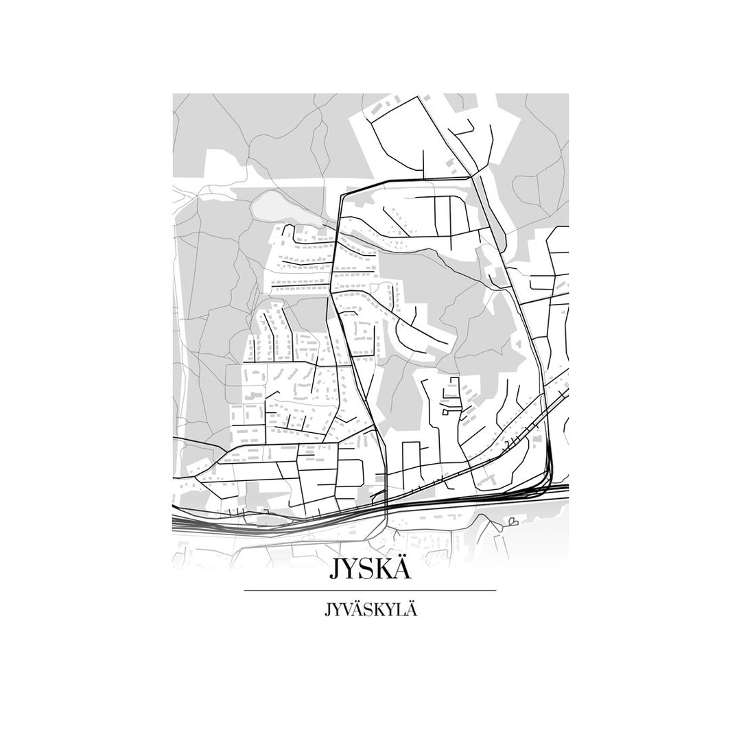Jyskä-karttataulu: mustavalkoinen katukartta kaupungin katuverkosta
