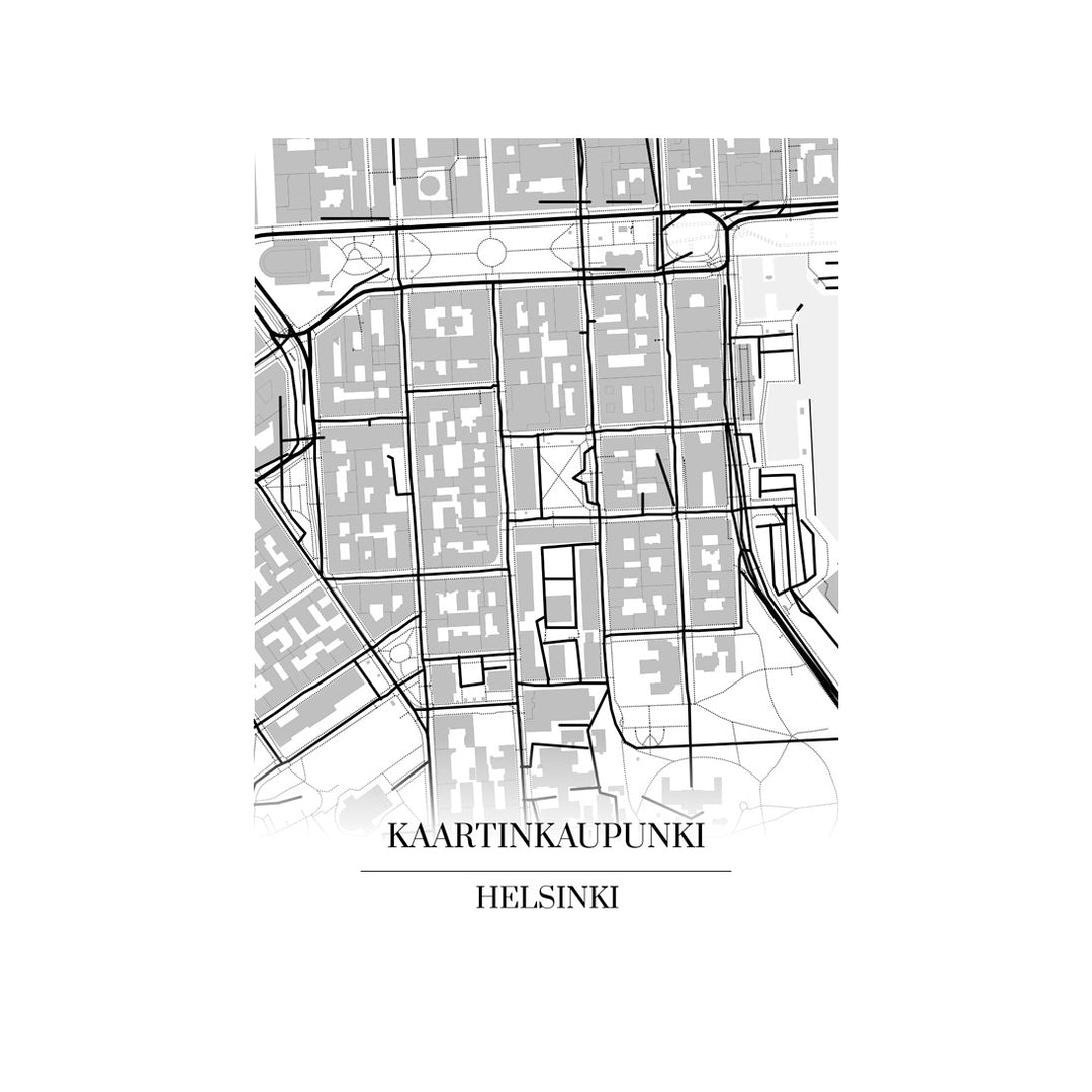 Kaartinkaupunki-karttataulu: mustavalkoinen katukartta kaupungin katuverkosta