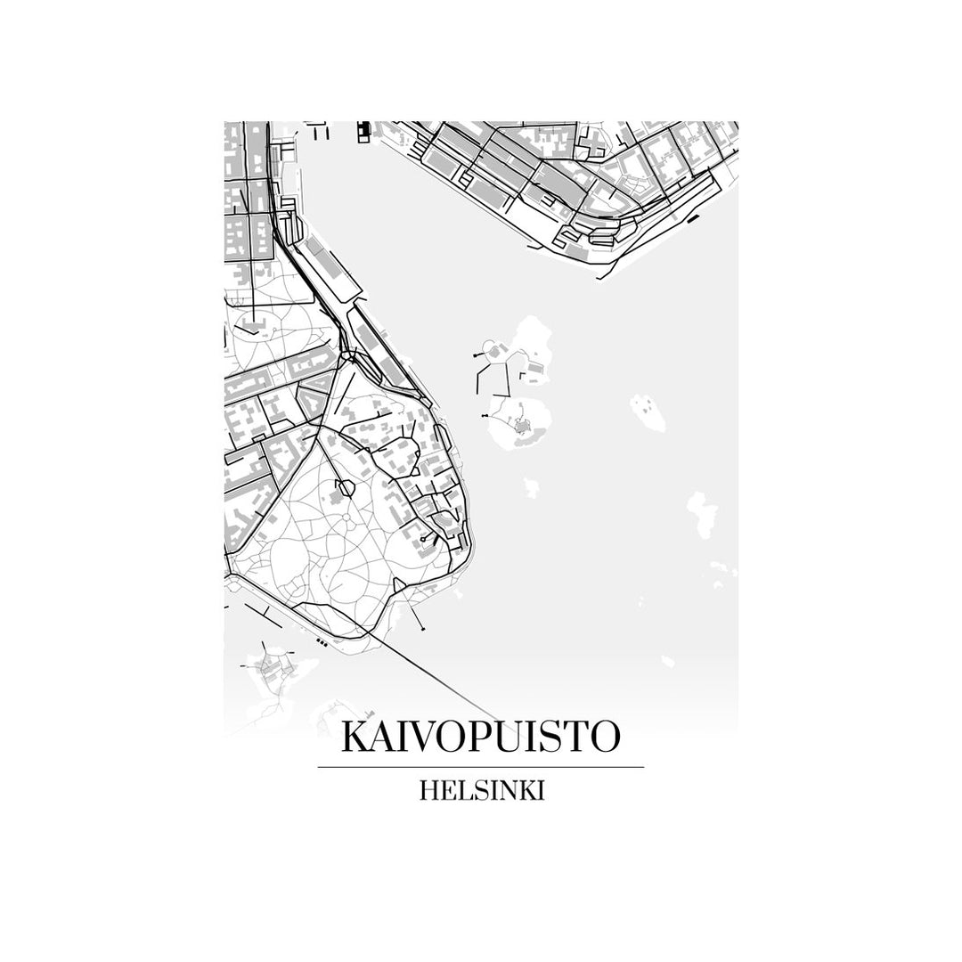 Kaivopuisto-karttataulu: mustavalkoinen katukartta kaupungin katuverkosta