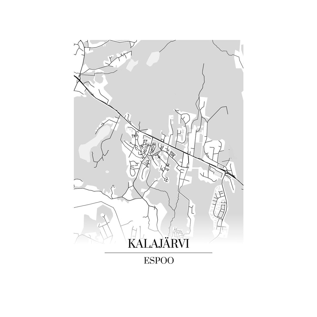 Kalajärvi-karttataulu: mustavalkoinen katukartta kaupungin katuverkosta