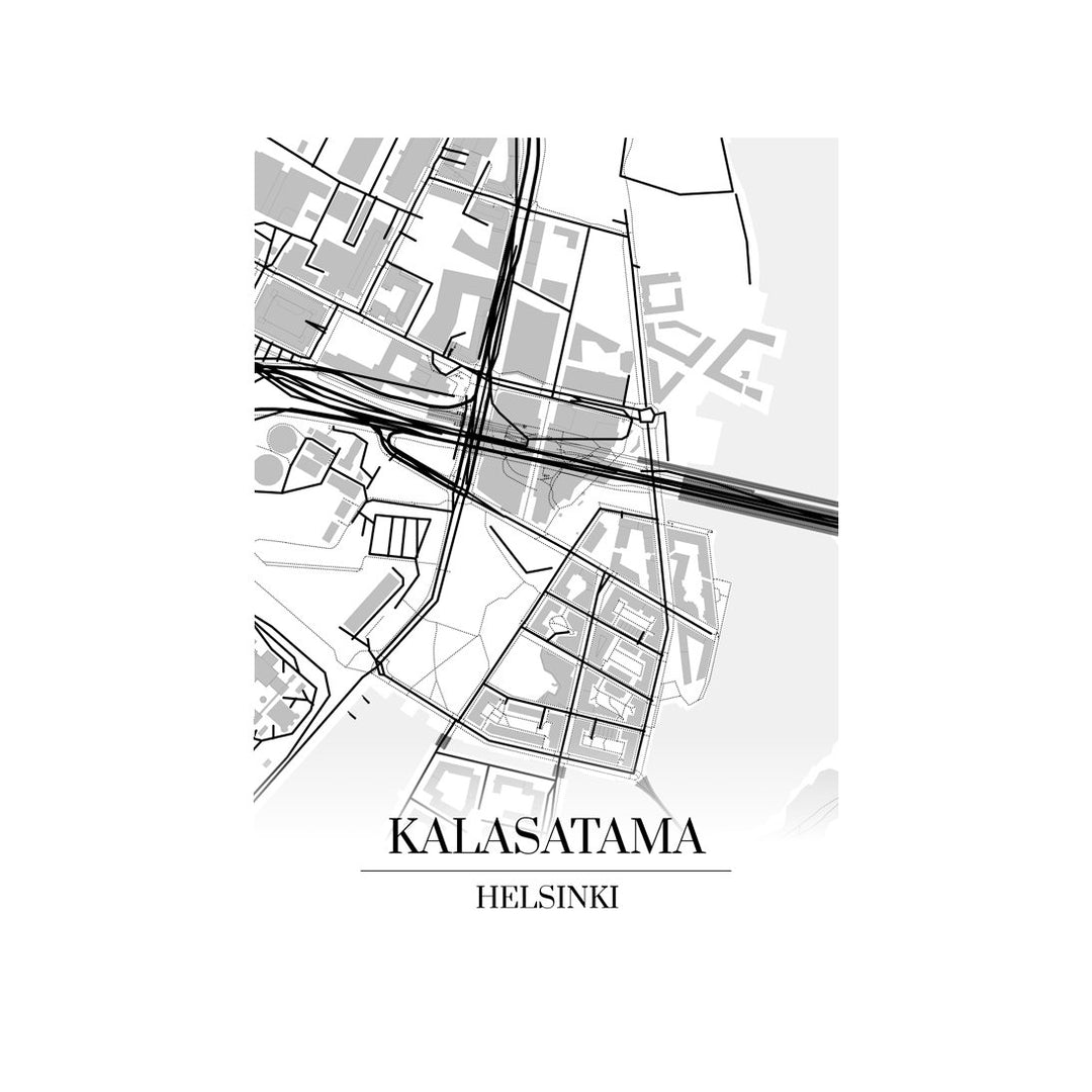 Kalasatama-karttataulu: mustavalkoinen katukartta kaupungin katuverkosta