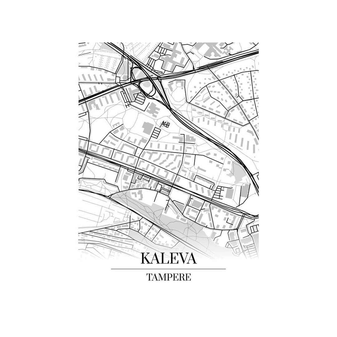 Kaleva-karttataulu: mustavalkoinen katukartta kaupungin katuverkosta