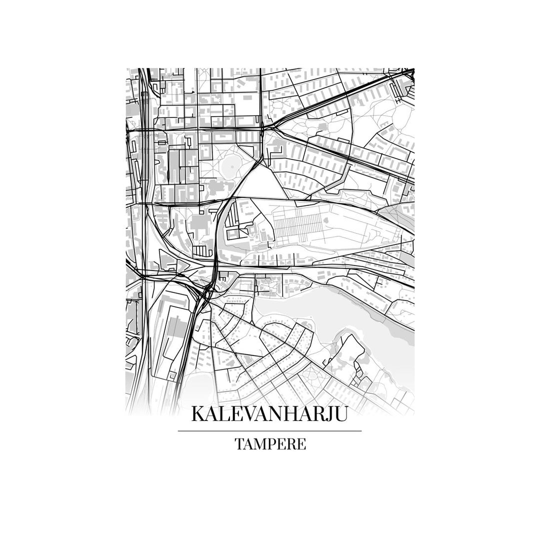 Kalevanharju-karttataulu: mustavalkoinen katukartta kaupungin katuverkosta