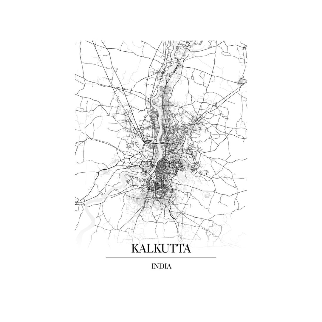 Kalkutta-karttataulu: mustavalkoinen katukartta kaupungin katuverkosta