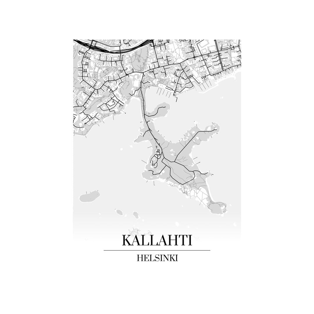 Kallahti-karttataulu: mustavalkoinen katukartta kaupungin katuverkosta