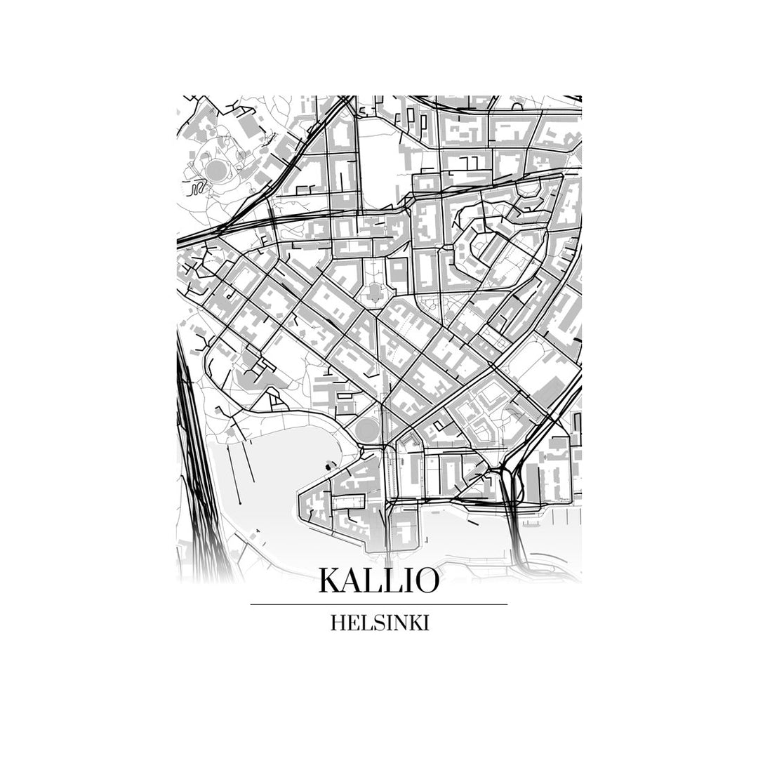 Kallio-karttataulu: mustavalkoinen katukartta kaupungin katuverkosta