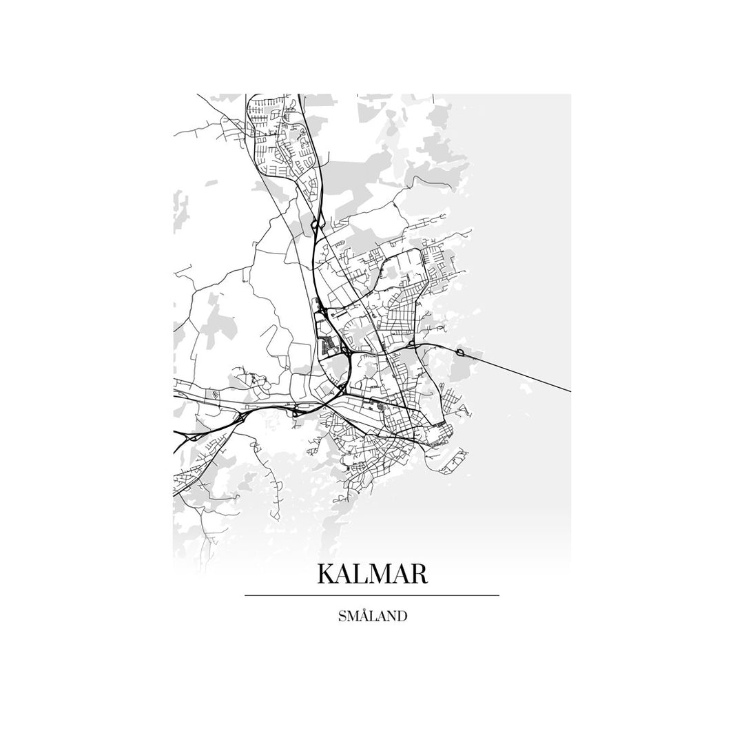 Kalmar-karttataulu: mustavalkoinen katukartta kaupungin katuverkosta