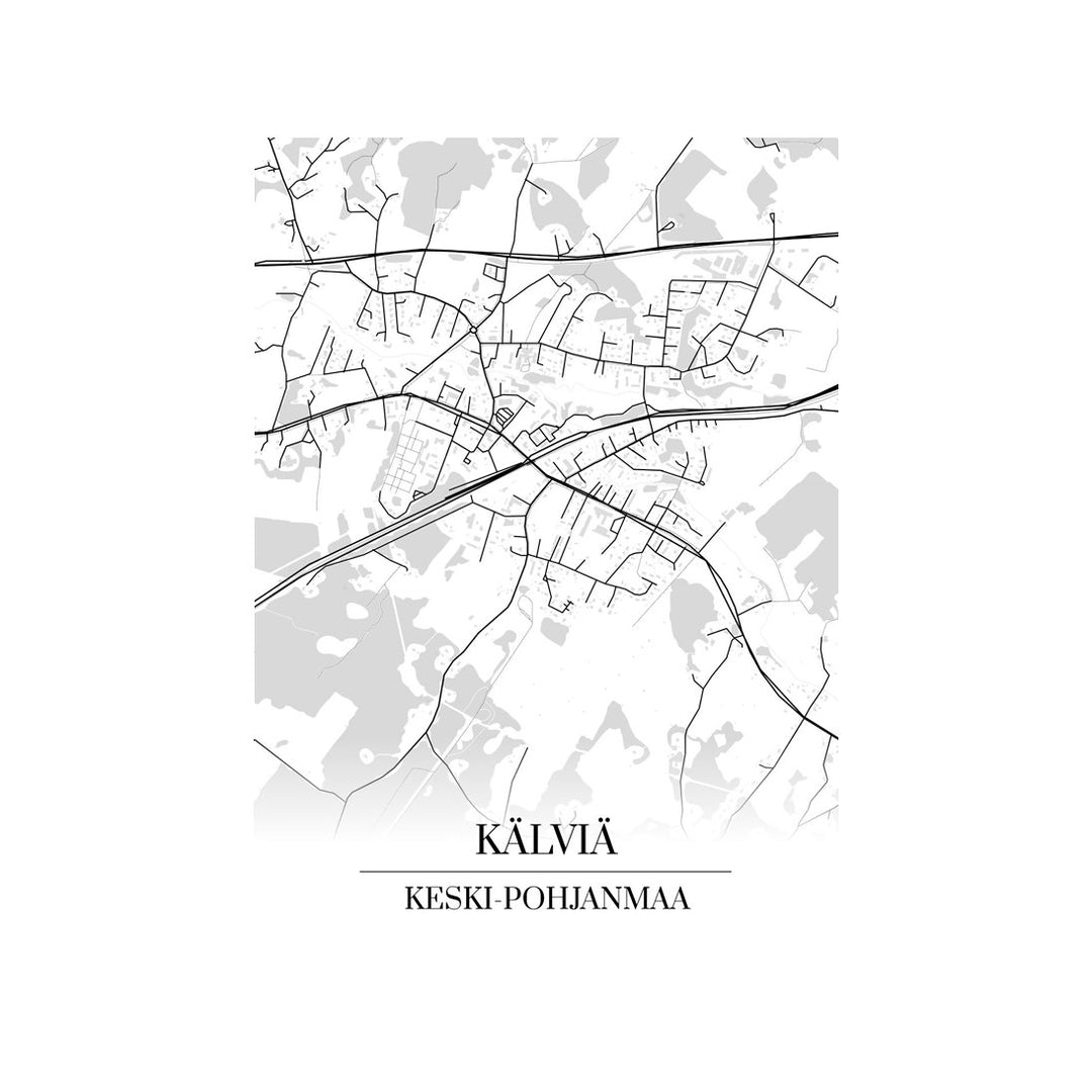 Kälviä-karttataulu: mustavalkoinen katukartta kaupungin katuverkosta