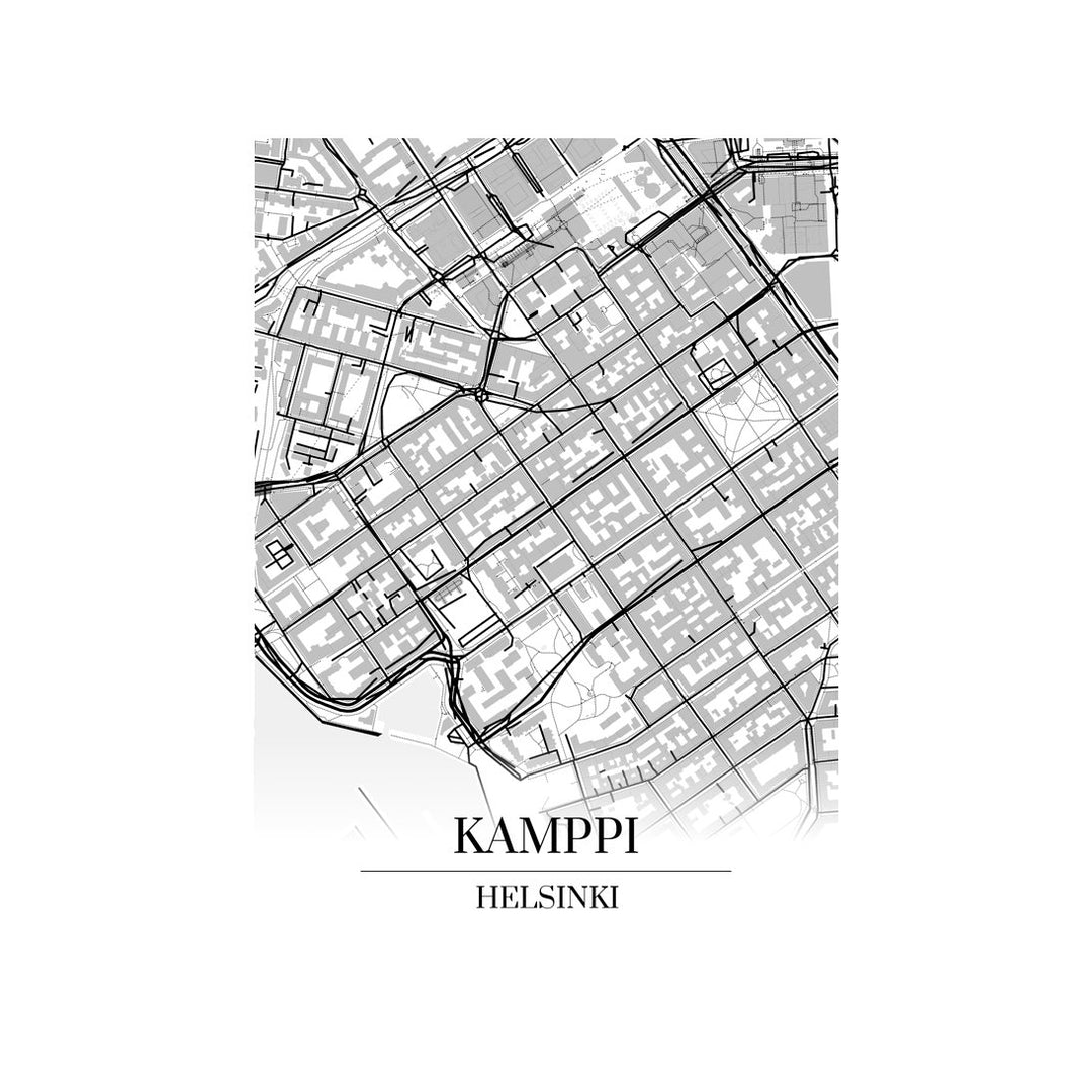 Kamppi-karttataulu: mustavalkoinen katukartta kaupungin katuverkosta