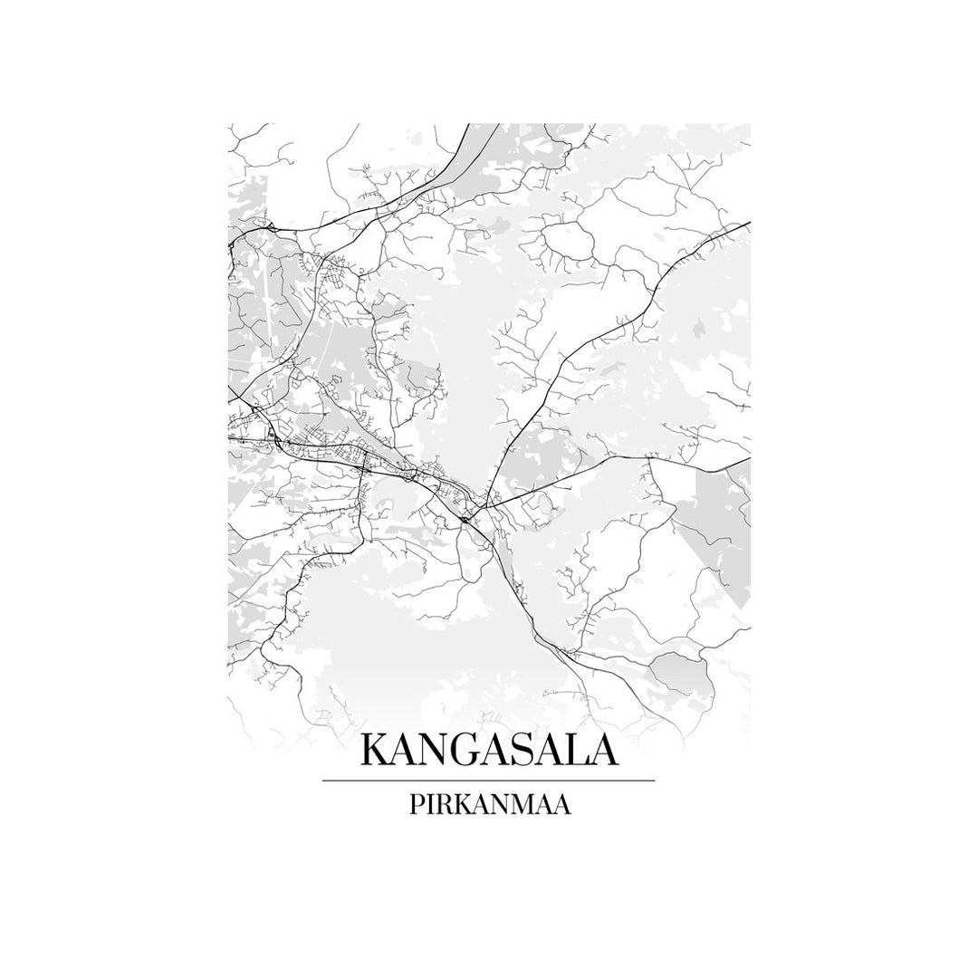 Kangasala-karttataulu: mustavalkoinen katukartta kaupungin katuverkosta
