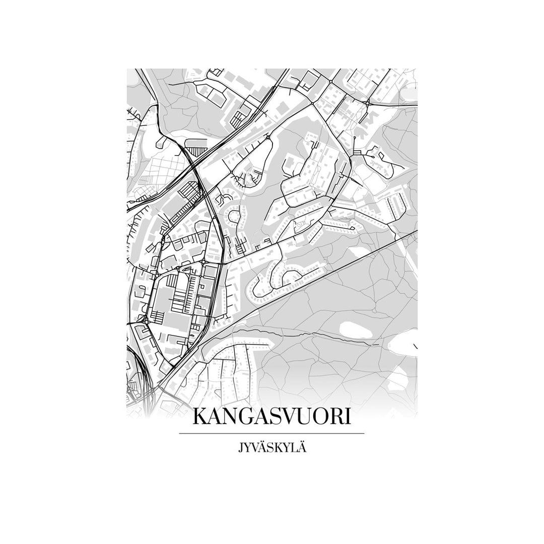 Kangasvuori-karttataulu: mustavalkoinen katukartta kaupungin katuverkosta