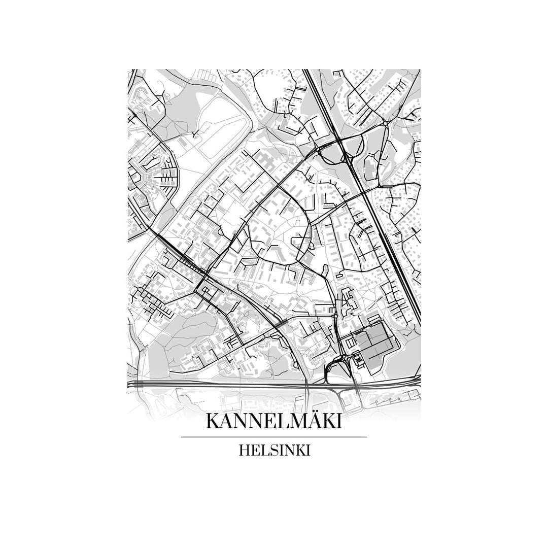 Kannelmäki-karttataulu: mustavalkoinen katukartta kaupungin katuverkosta