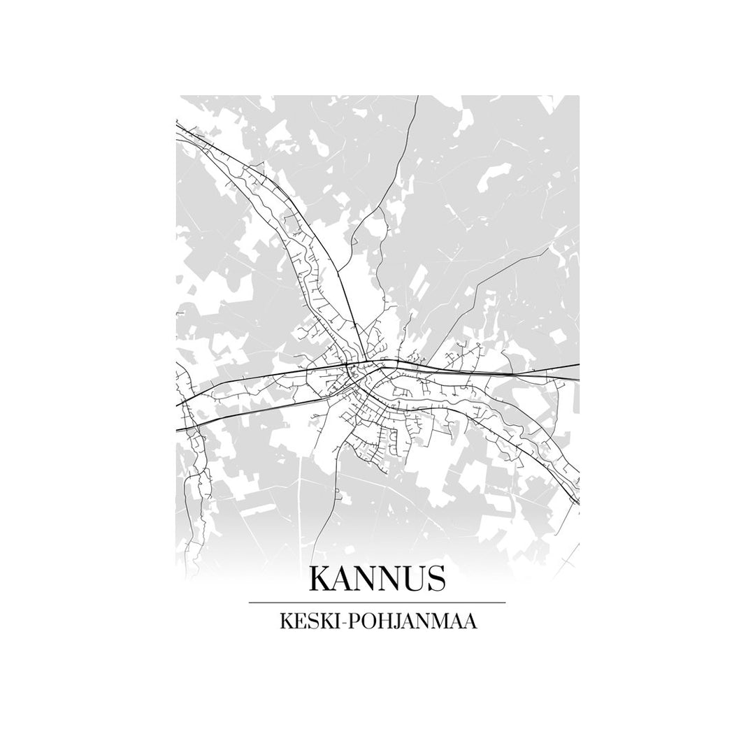 Kannus-karttataulu: mustavalkoinen katukartta kaupungin katuverkosta