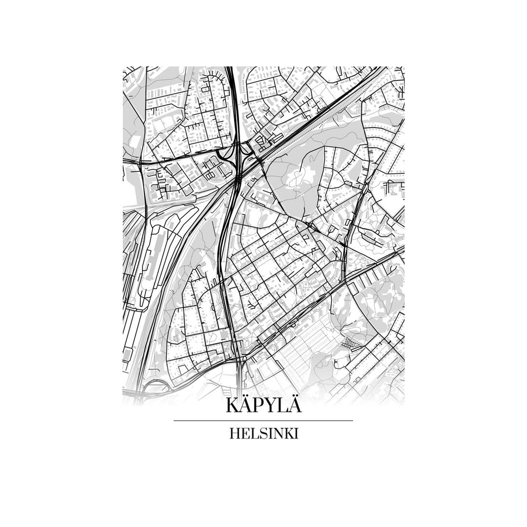 Käpylä-karttataulu: mustavalkoinen katukartta kaupungin katuverkosta