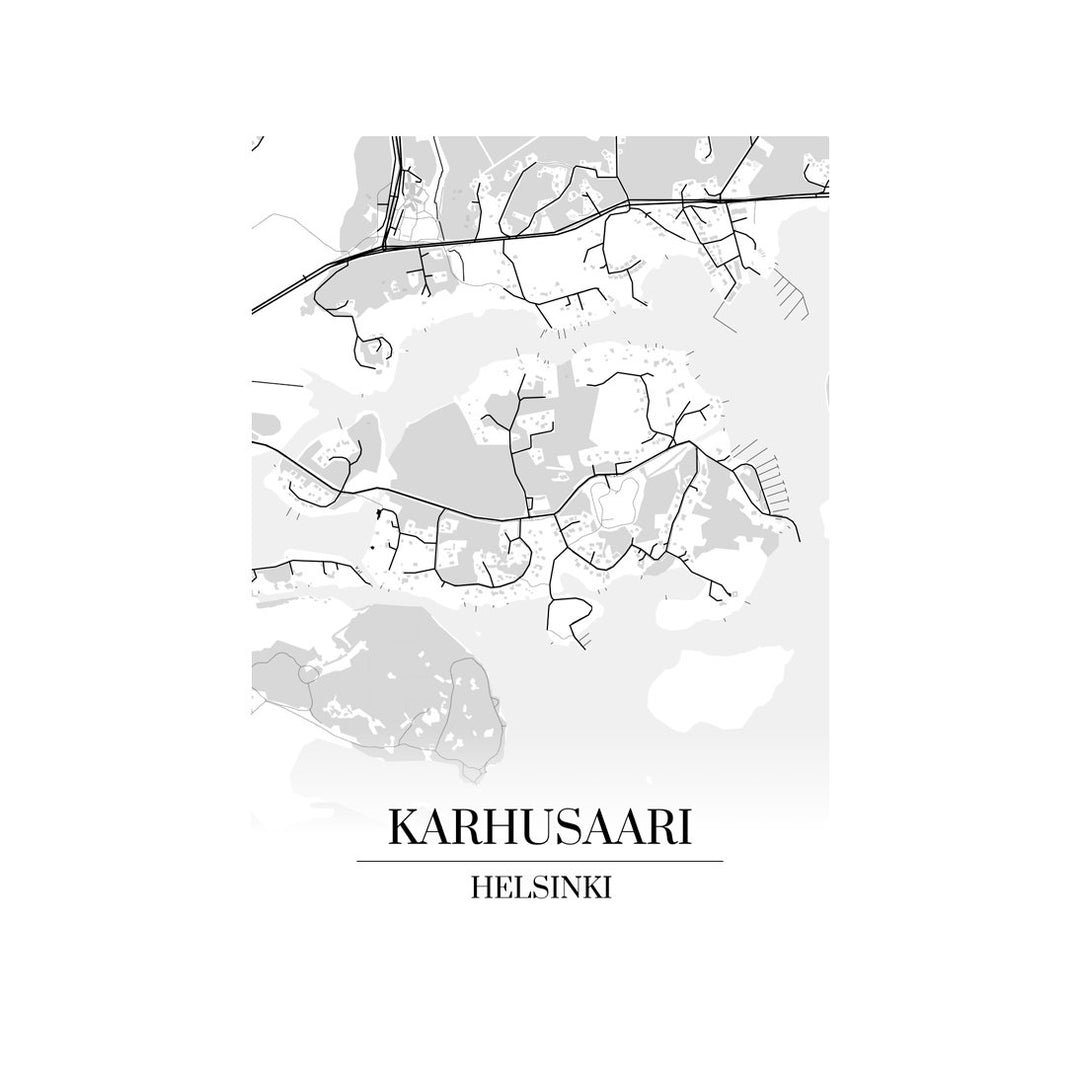 Karhusaari-karttataulu: mustavalkoinen katukartta kaupungin katuverkosta