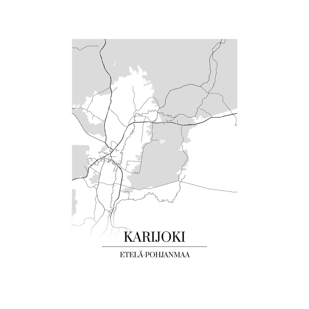 Karijoki-karttataulu: mustavalkoinen katukartta kaupungin katuverkosta