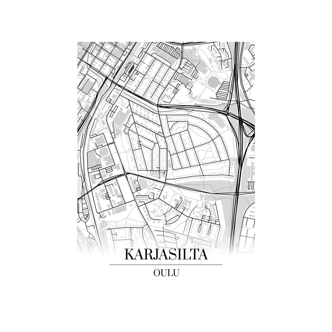 Karjasilta-karttataulu: mustavalkoinen katukartta kaupungin katuverkosta