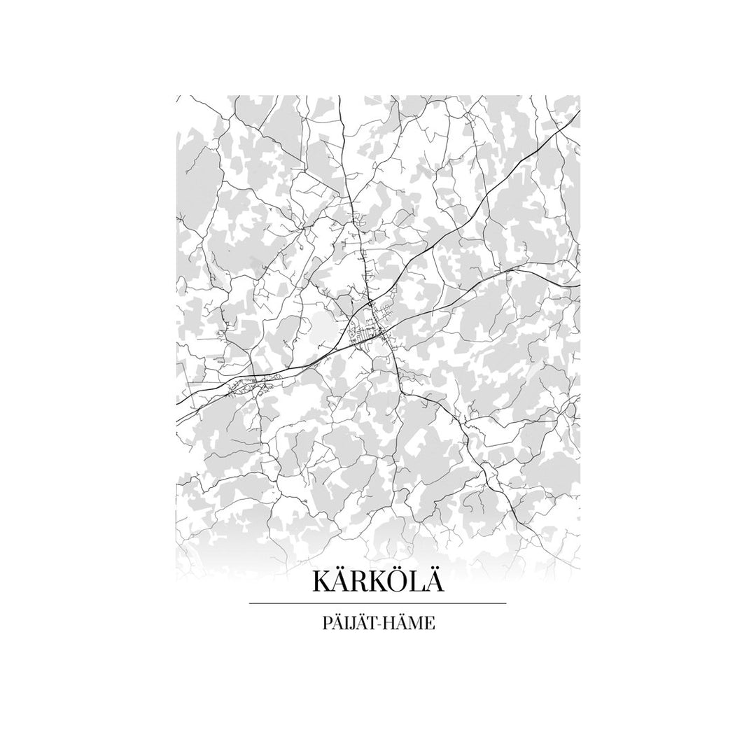 Kärkölä-karttataulu: mustavalkoinen katukartta kaupungin katuverkosta