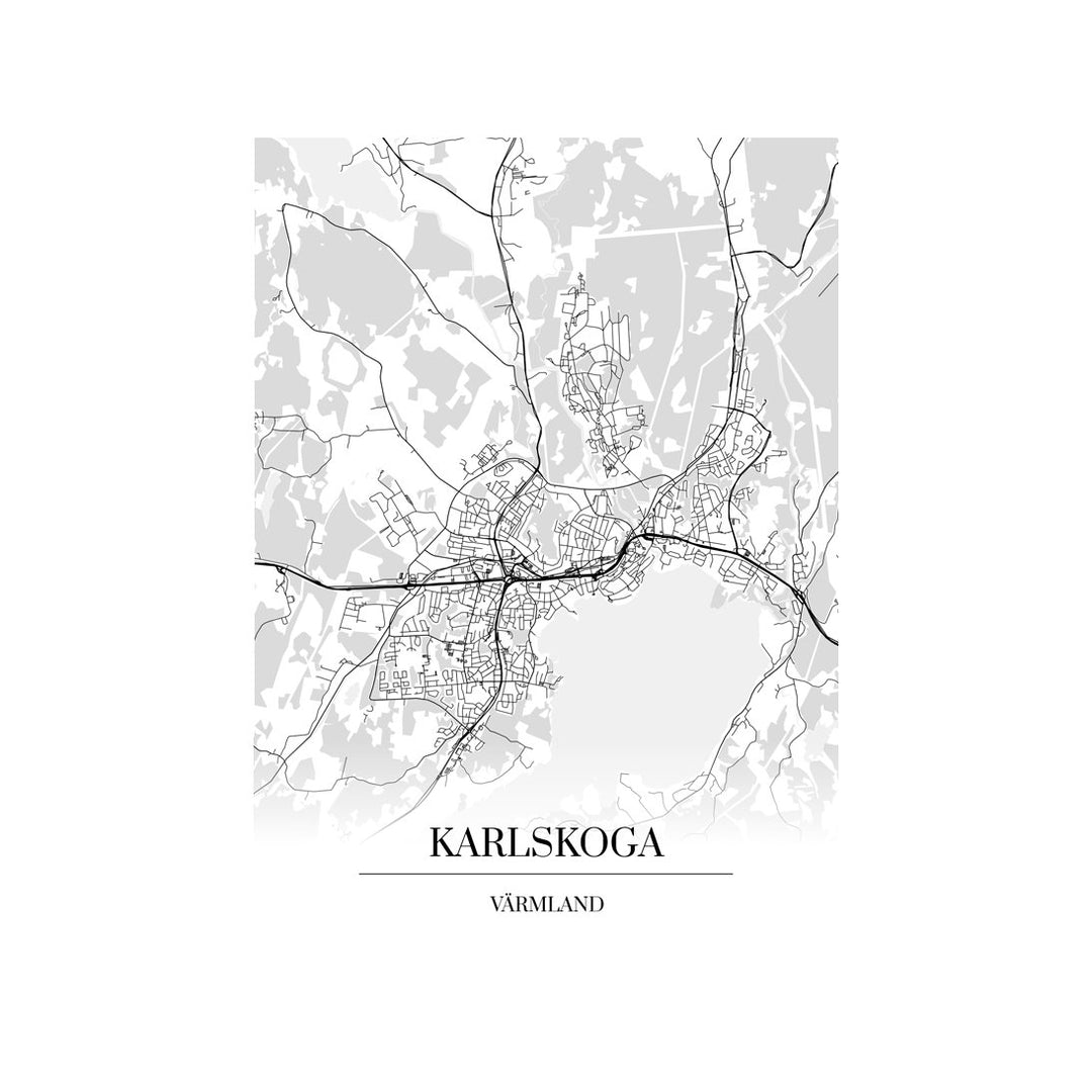 Karlskoga-karttataulu: mustavalkoinen katukartta kaupungin katuverkosta